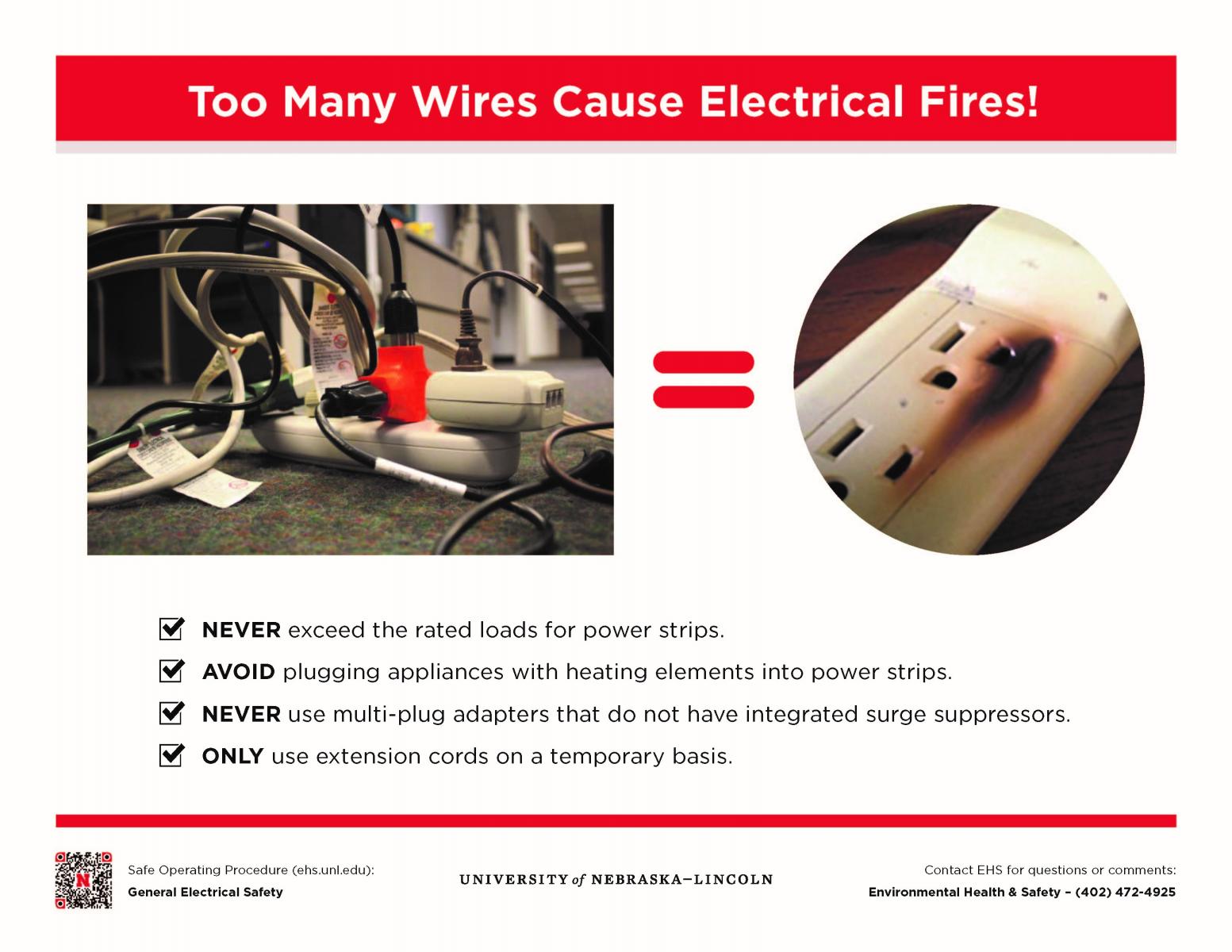 poster showing an overloaded power strip and power strip scorched with burn marks.
