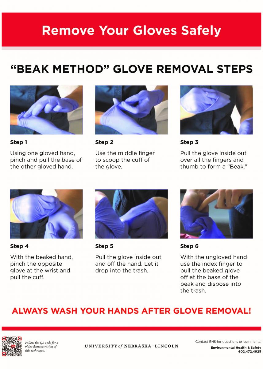 Poster showing how to safely remove your gloves in six easy steps.