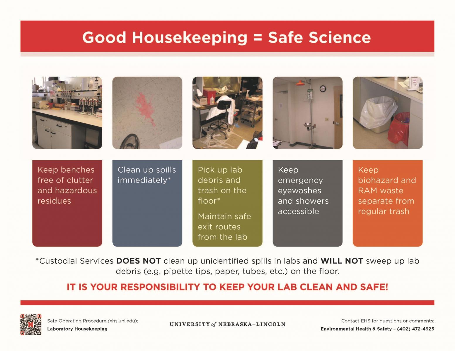 Poster showing five instances of how good housing keeping equals safe science.