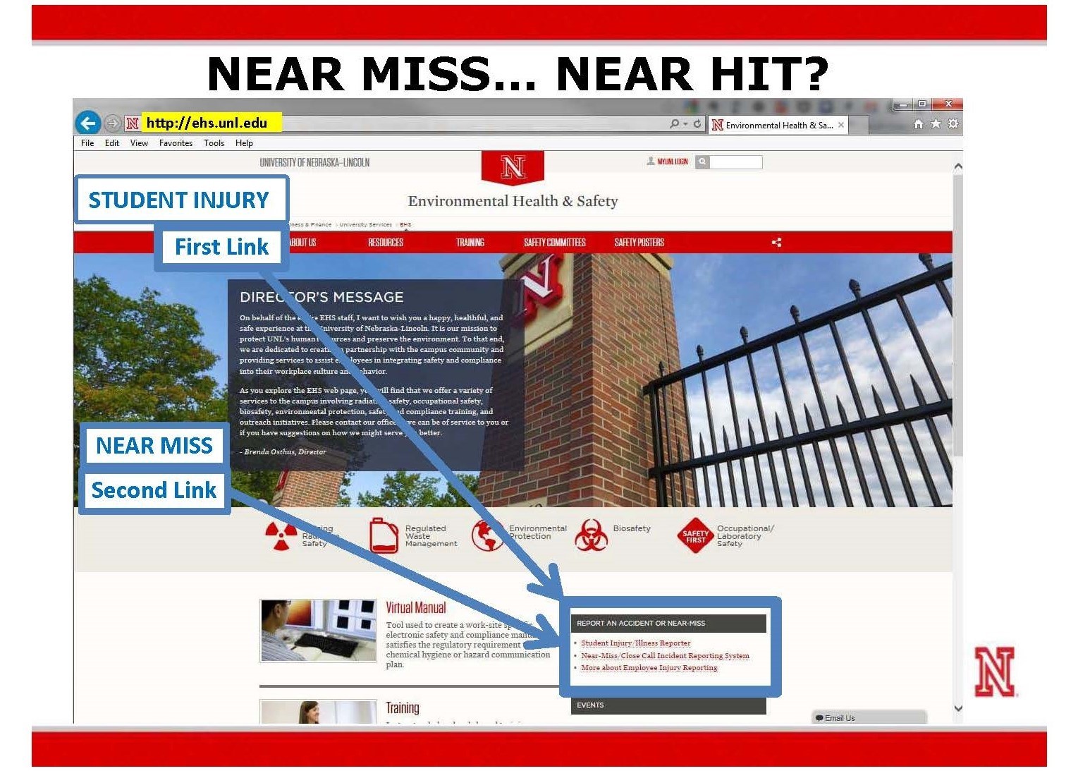 Poster describing how to find the Student Injury Reporter button and Employee Near Miss reporting system on the EHS website.